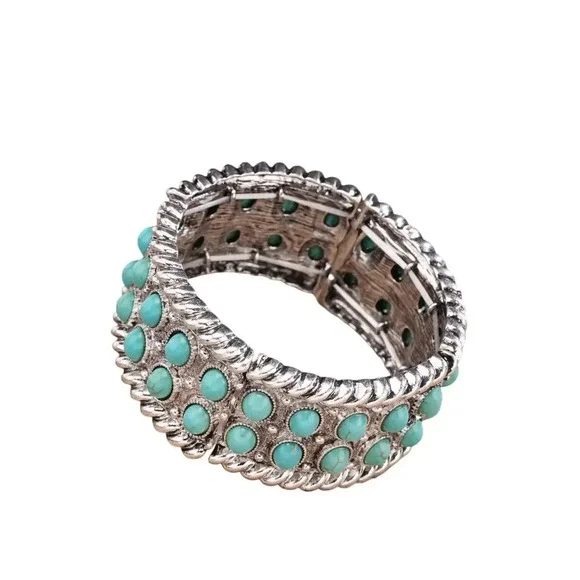Western Bubble Pattern Turquoise and Silver Stretch Bracelet - Picture 3 of 3